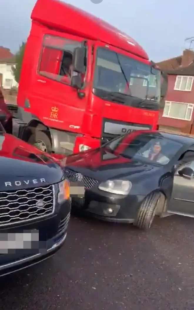 The car was involved in a crash with a huge red lorry