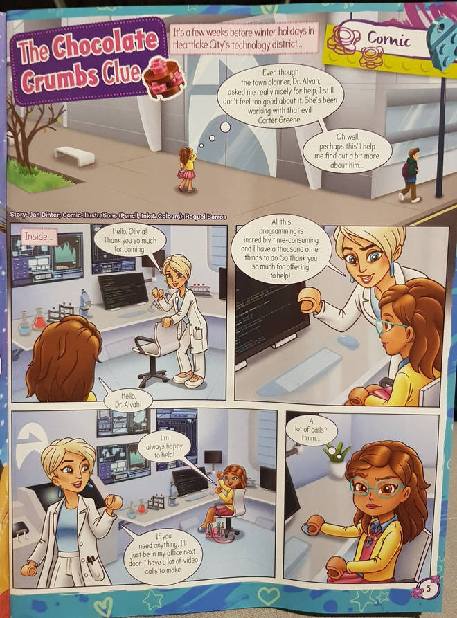 The cartoon has a female adult as the head researcher