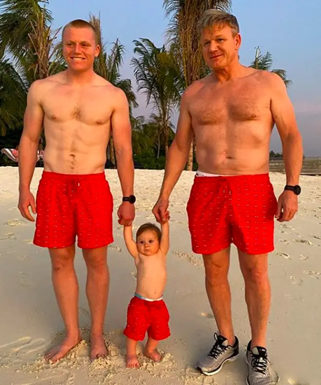 The near-Naked chef! Gordon Ramsay poses with sons Jack and Oscar