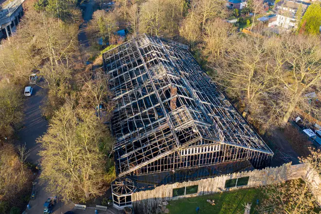 Aerial view shows the burned-out monkey house of the zoo in Krefeld, western Germany.
