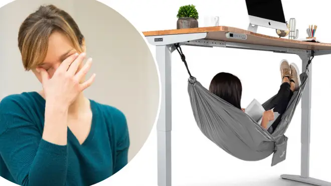 This under-desk hammock lets you take a nap at work.