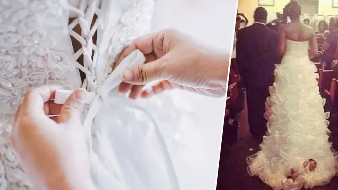 The bride tied her one-month-old to her dress