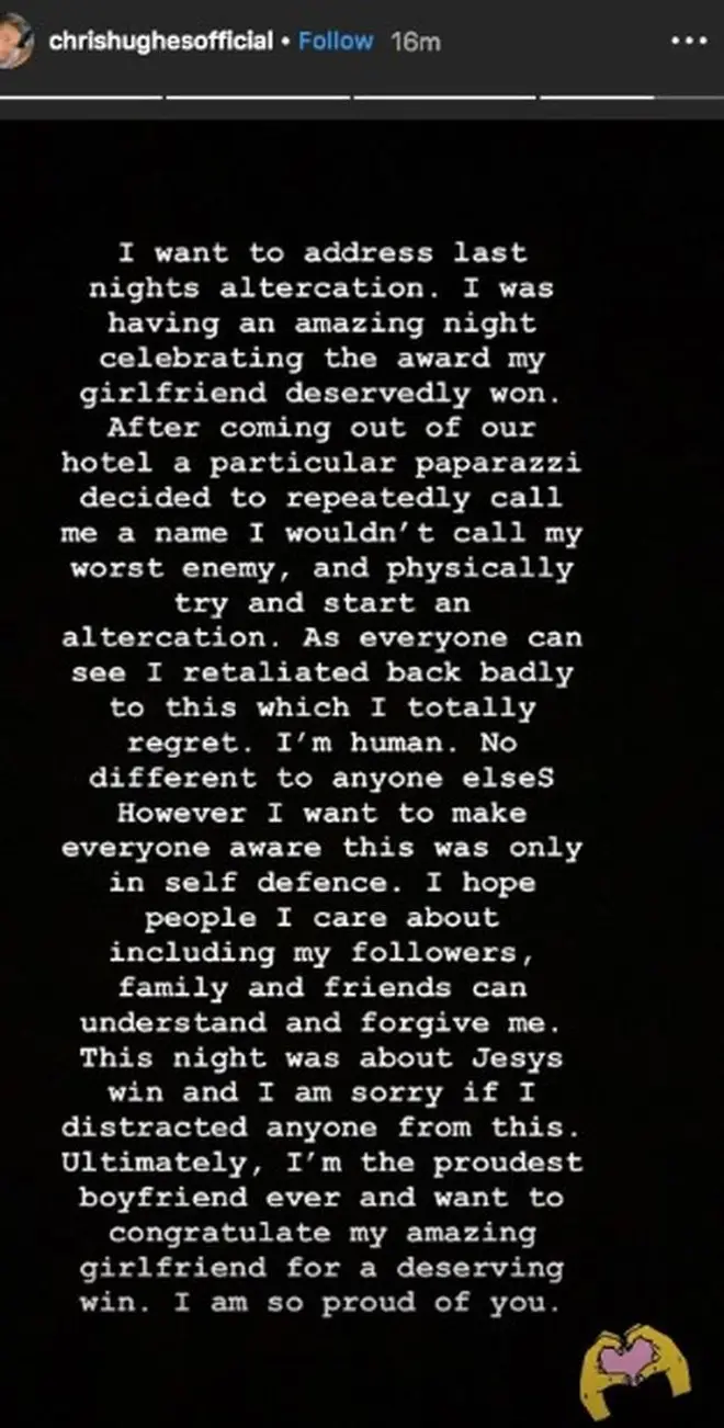 Chris issued an apology on his Instagram stories