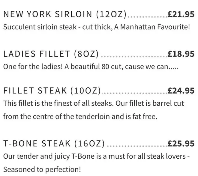 The menu shows what's on offer at the Manhattan Bar and Gril