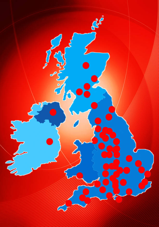 A map of places in the UK with confirmed cases of coronavirus