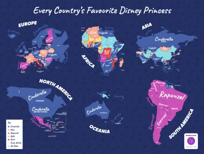 New research carried out by Play Like Mum through analysis of Google search data has found which Disney princess is the most popular in each country across the world