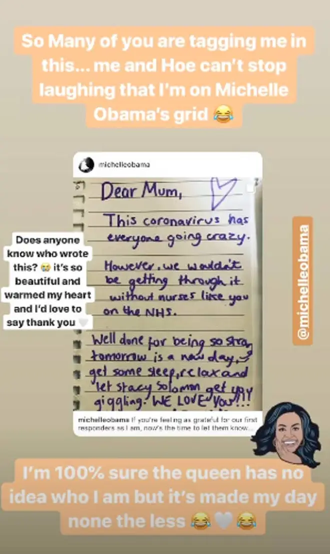 Stacey Solomon shared a screenshot of Michelle Obama's Instagram post