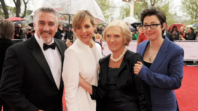 Paul Hollywood, with former hosts Mel Giedroyc, former judge Mary Berry and Sue Perkins.
