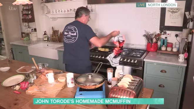 John Torode's cooking segment went from bad to worse when he accidentally started a fire in his kitchen
