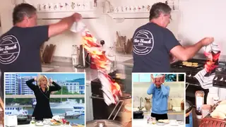 Holly Willoughby and Phillip Schofield were left horrified after a tea towel caught fire in John Torode's kitchen during the live cooking segment