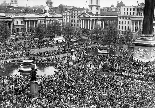 Crowds celebrated VE Day in Trafalgar Square in 1945