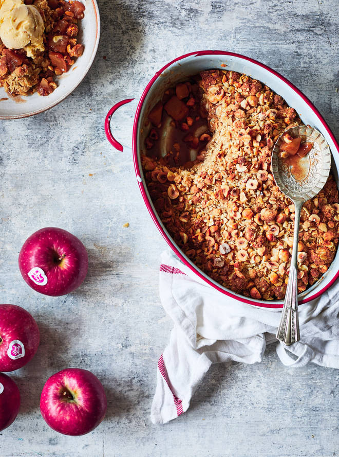 This delicious crumble is topped with oats and hazlenuts for extra crunch