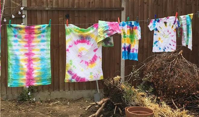The tie-dyed pillow cases and T-shirts drying on the line