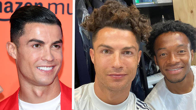 Cristiano Ronaldo as his fans usually know him (left), and showing off his natural hair with a player pal (right)