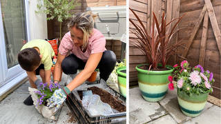 Fia Tarrant and her son get stuck in to a gardening project at home