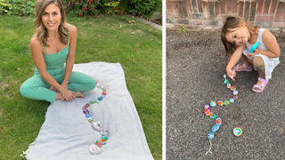 Zoe Hardman and her daughter Luna show off their stone snake
