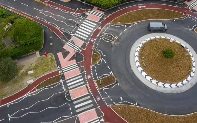 The roundabout has zebra crossings at every arm of the roundabout