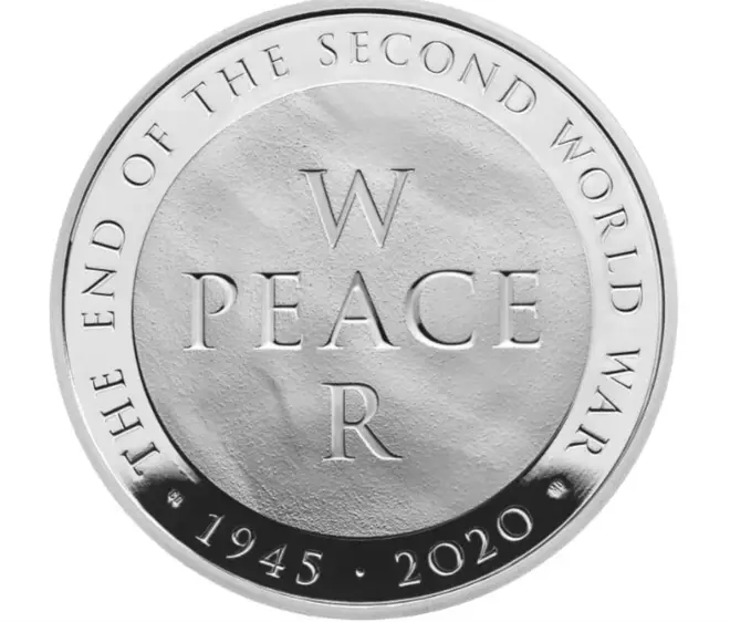 The commemorative £5 coin is engraved with the words 'war' and 'peace' and mark VJ Day