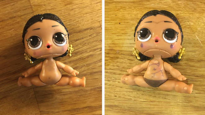 The doll before and after being immersed in cold water