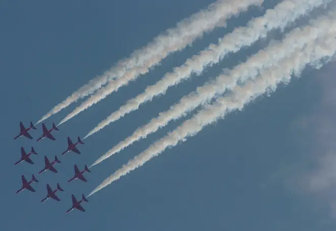 The Red Arrows will fly across the UK on Saturday
