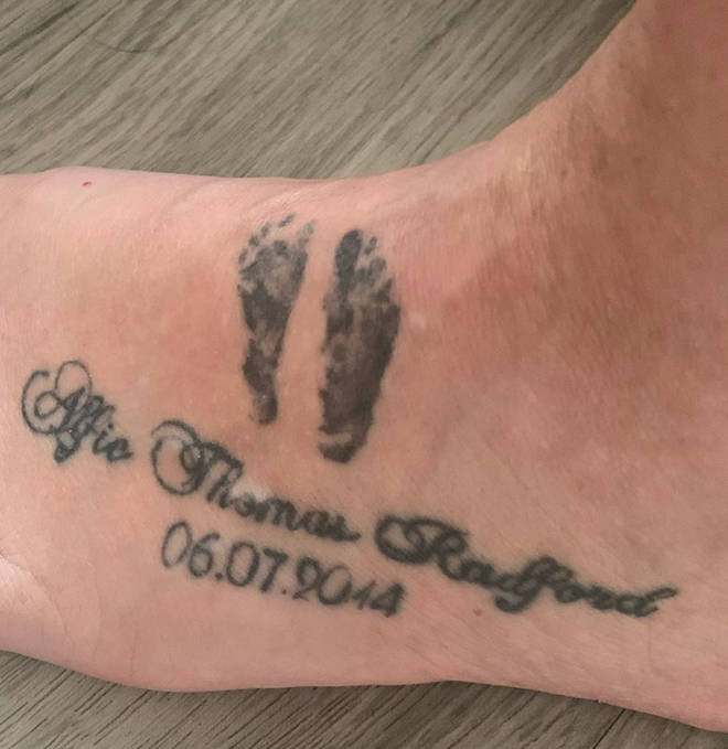Sue Radford also has Alfie's footprints on her foot with his name and birth date