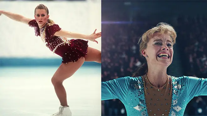 Left: Tonya Harding at the Winter Olympics and Margot Robbie as Tonya Harding in I, Tonya