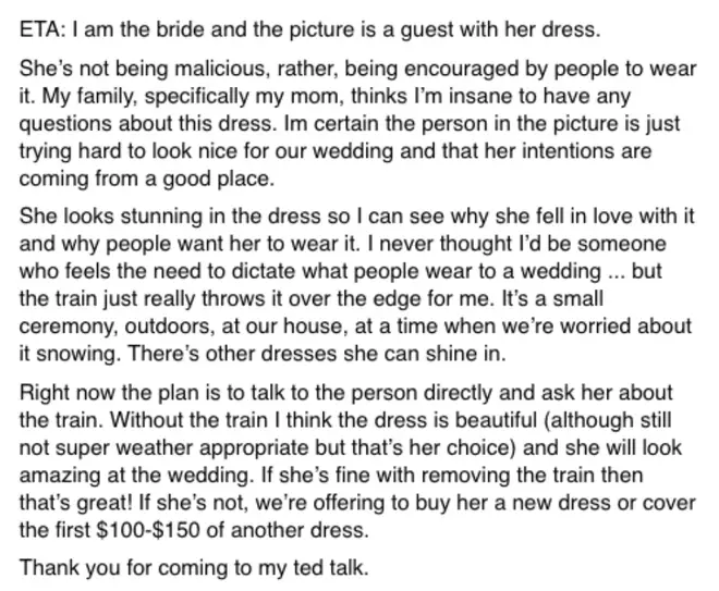 The bride explained how she plans to offer to buy the guest a new dress