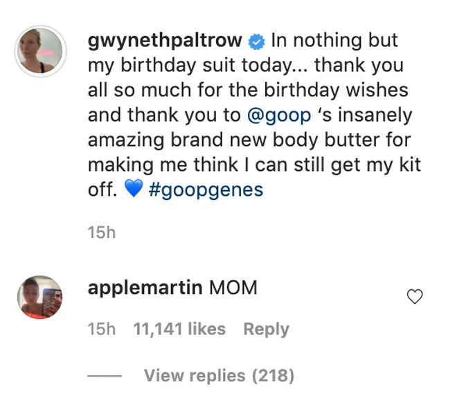 Apple Martin commented "MOM" on the post