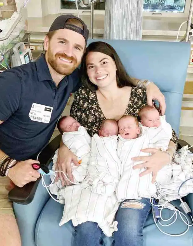 Couple who adopted four children give birth to quadruplets just months later - Heart