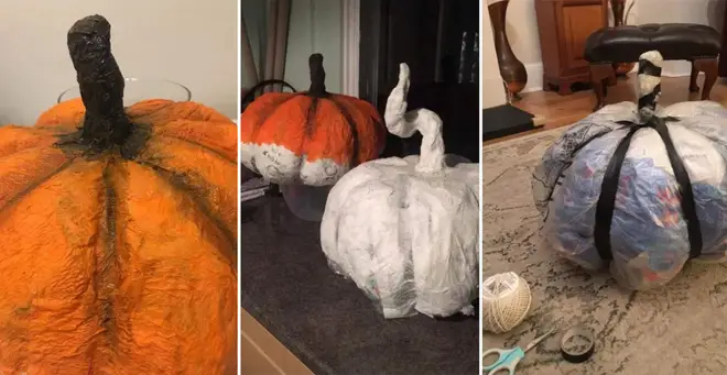 The creative mum used just rubbish and paint to create a pumpkin