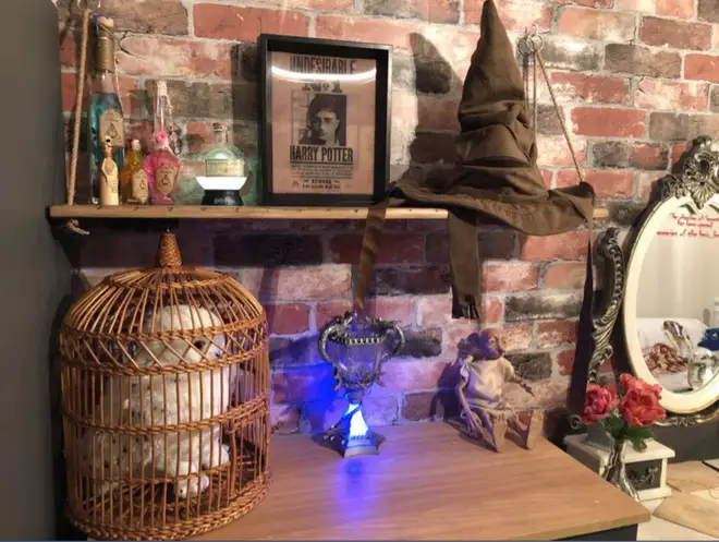 The room includes an amazing collection of Harry Potter memorabilia