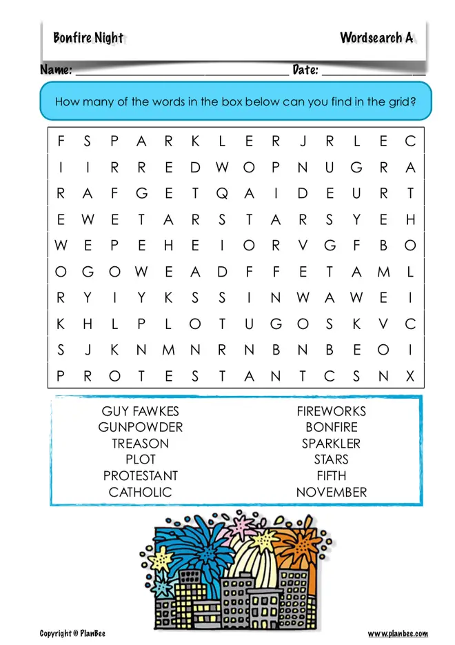 Try the Bonfire Night Word Searches by Plan Bee