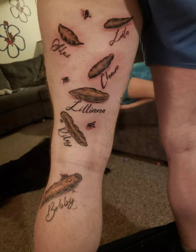 The Dad got a picture of each of his children's poo on the back of his leg