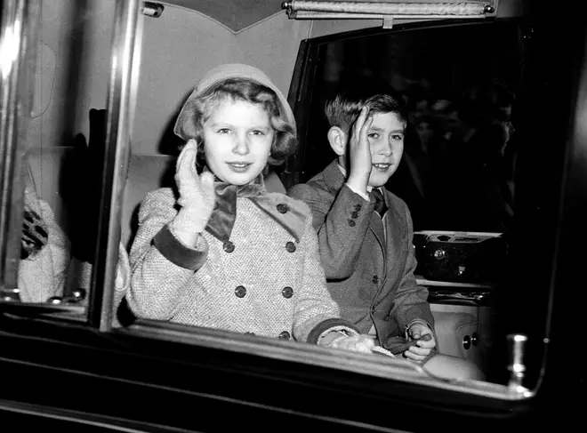 Prince Charles and Princess Anne on the way to Sandringham in the 50s