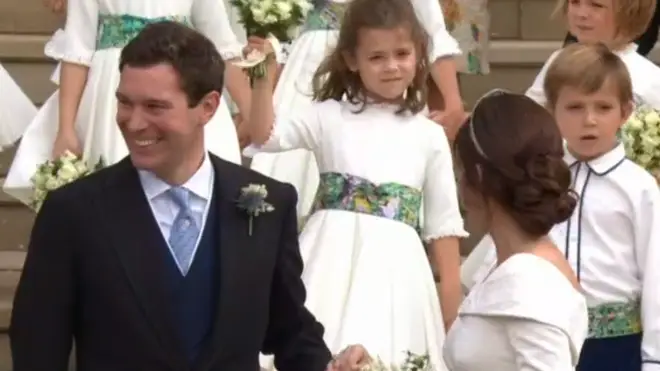 Theodora Rose gave Princess Eugenie a wave as they left the church
