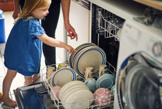 A chores list says children should be emptying dishwashers