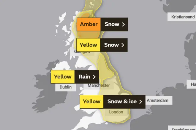 Snow and ice is expected for a large majority of the UK on Saturday