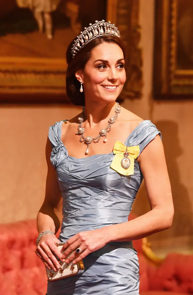 Kate Middleton wears the Lover's Knot Tiara at the state banquet