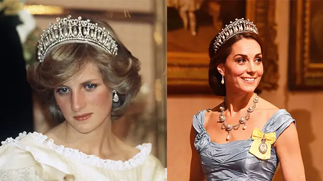 Left: Princess Diana wears the Lover's Knot Tiara at a state banquet in New Zealand Right: The Duchess of Cambridge at last night's banquet