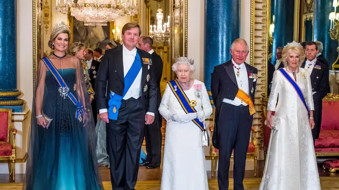 From L to R: Queen Maxima, King Willem-Alexander, Queen Elizabeth, Prince Charles, Camilla Duchess of Cornwall