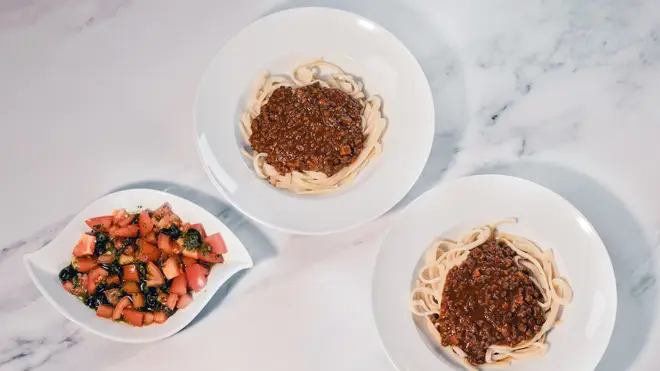 Vegan tagliatelle Bolognese with Tomato, Olive, Caper & Basil Salad