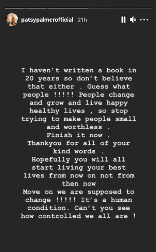 Patsy Palmer had previously posted this message on her Instagram story