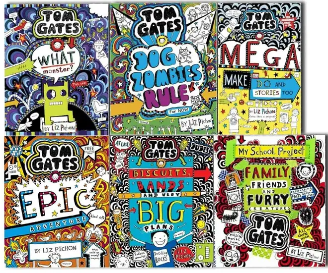 Six of the 18 Tom Gates books written and illustrated by Liz Pichon