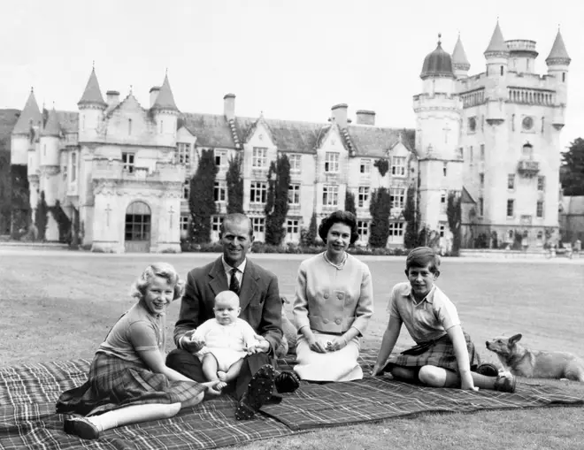 Princess Anne, Prince Philip, Prince Andrew, the Queen and Prince Charles on the lawn of Balmoral