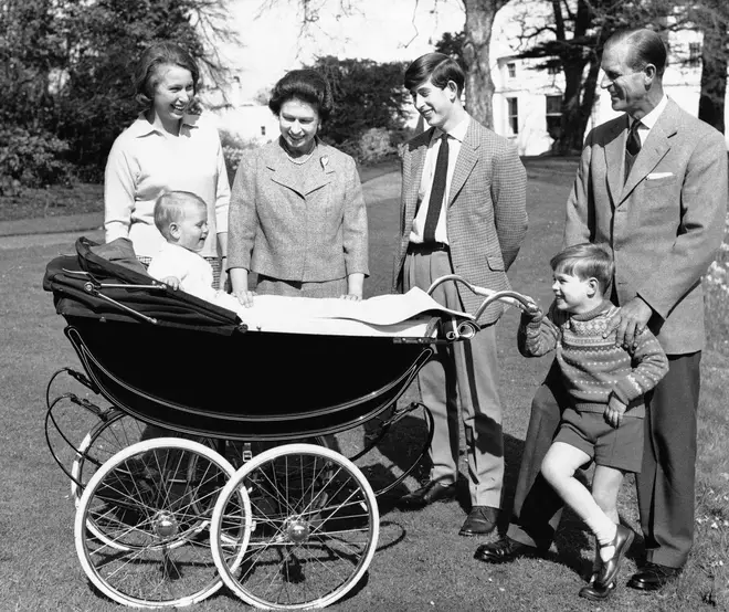 Princess Anne, Prince Edward, the Queen, Prince Charlies, Prince Andrew and Prince Philip on the grounds of Windsor Castle