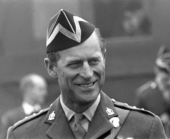 Prince Philip on a visit to the Queen's Royal Irish Hussars wearing his uniform as Colonel-in-chief