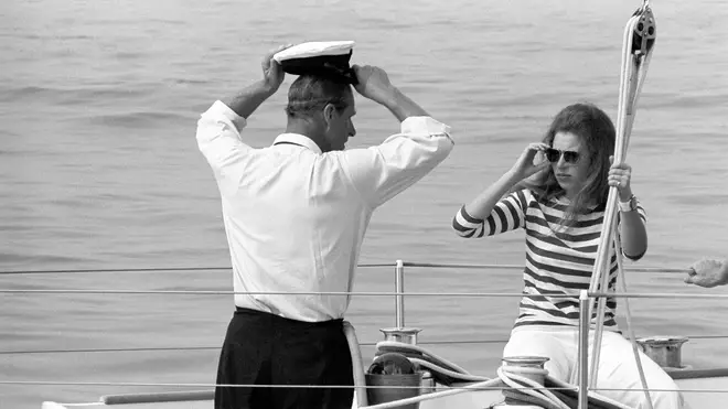 Prince Philip with Princess Anne aboard the yacht Yeoman XVI during Cowes Week.