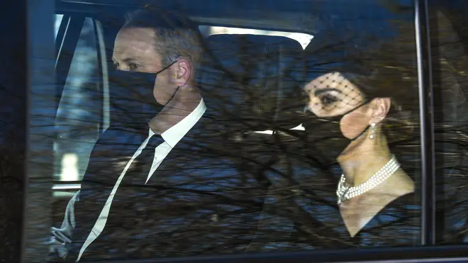 Kate and William look sombre as they arrive at Windsor Castle for the funeral of Prince Philip