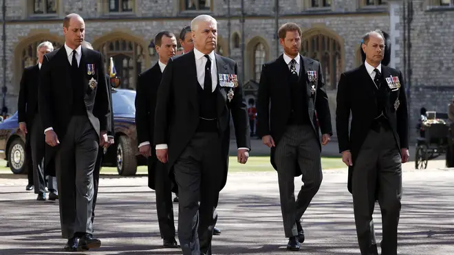 Prince Harry and Prince William join Prince Charles in the walking procession for Prince Philip