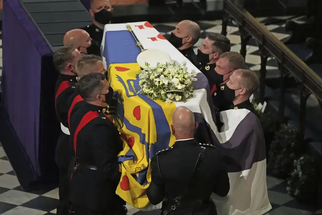 The Queen's special wreath was the only floral tribute on the Duke of Edinburgh's coffin